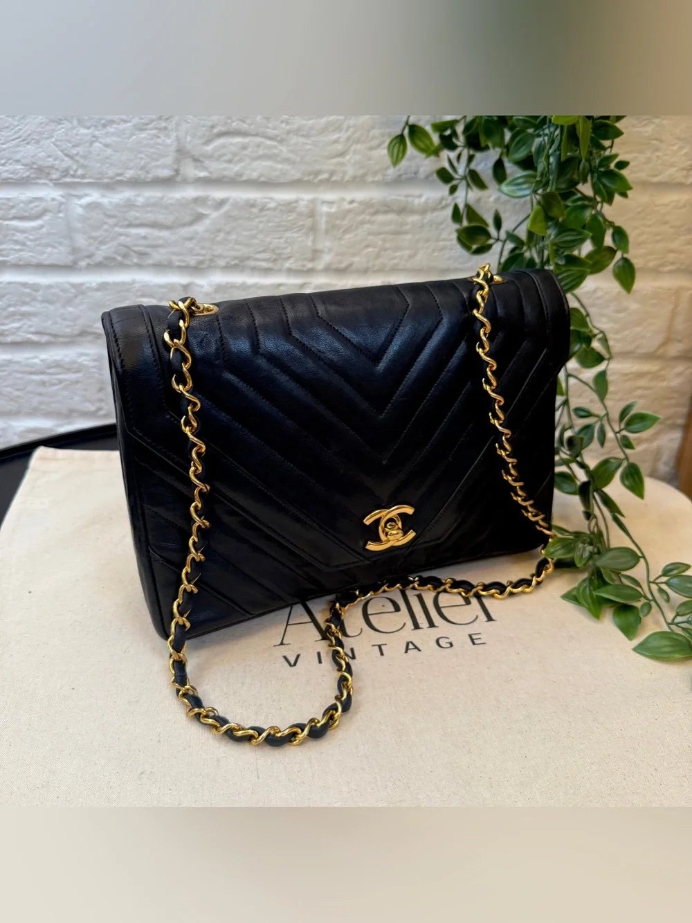 CHANEL Rare Early‑80s Chevron Lambskin Turnlock Envelope Bag 24K Gold‑Plated